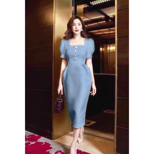 Đầm tay phồng kết nút