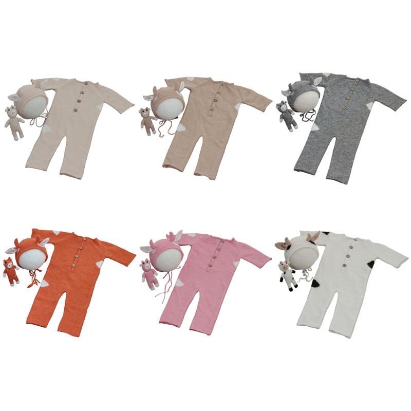 Set đồ 3 món gồm áo liền thân + mũ + búp bê hình chú bò dệt móc thủ công làm đạo cụ chụp ảnh cho bé sơ sinh