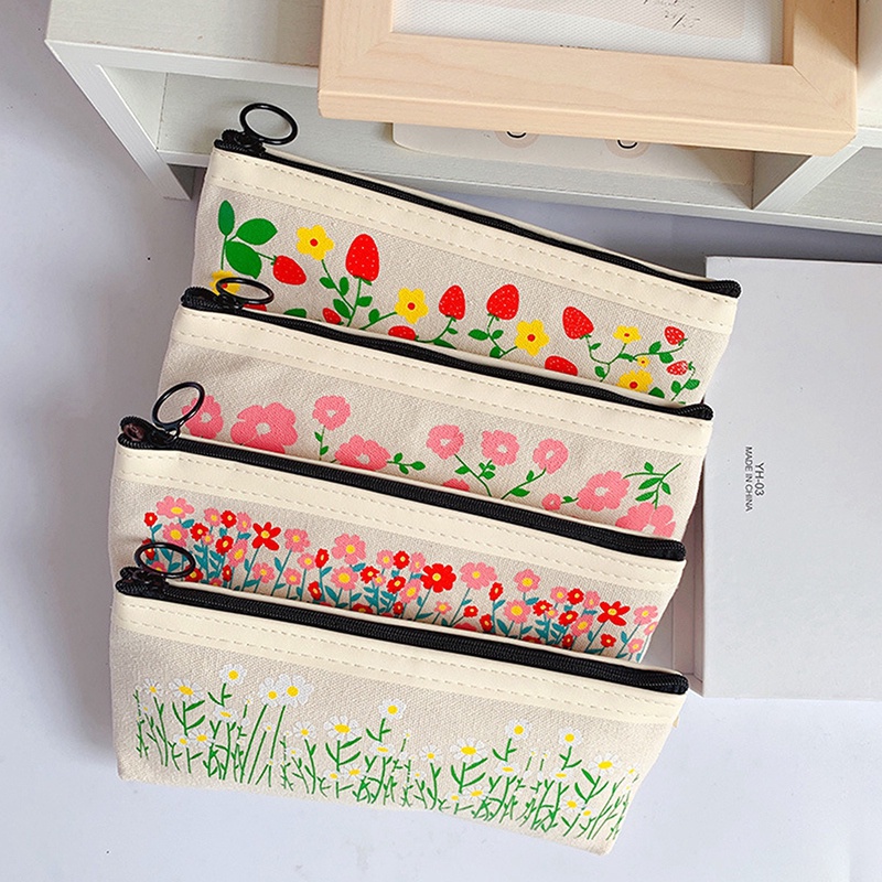 Túi Đựng Bút Chì Bằng Vải Canvas In Họa Tiết Hoa Cúc Phong Cách Cổ Điển Tiện Dụng Cho Học Sinh