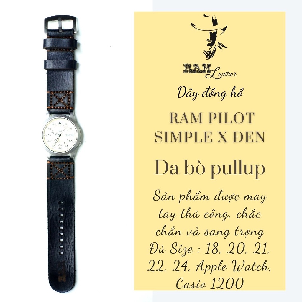 Dây đồng hồ RAM Leather vintage SX Pilot da bò đen cao cấp