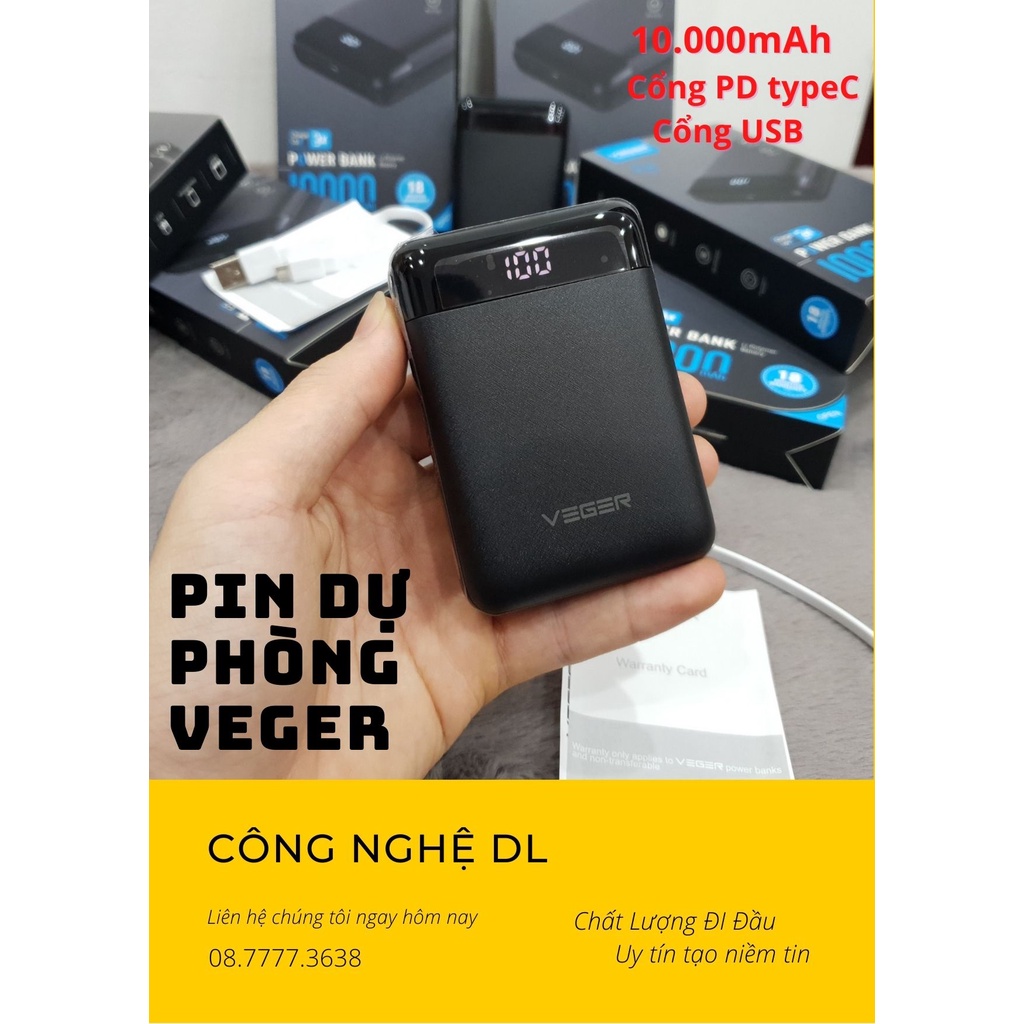 Pin sạc dự phòng mini Veger VP-1049 10000mAh - Siêu nhỏ gọn, Led hiển thị rất đẹp