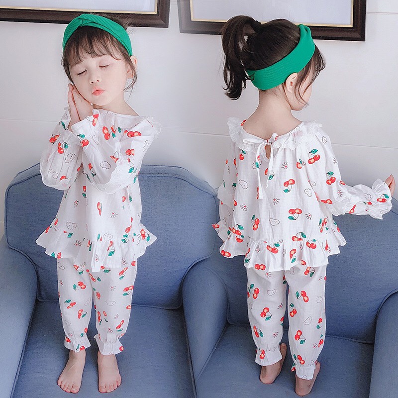 Bộ ngủ dài tay bộ pijama bánh bèo bé gái quả Cherry 2 mầu Hồng và Trắng XHN721