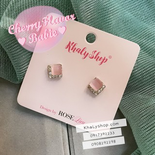 Đôi bông tai , hoa tai , trang sức hình ô vuông màu hồng đính hột xung quanh lấp lánh khuyên nụ cho bé gái , bạn nữ