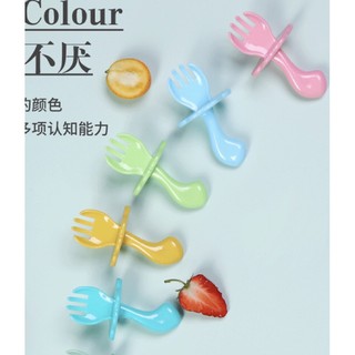 Thìa dĩa tập xúc cắn ngắn/ muỗng nĩa tập xúc cắn ngắn có nút chặn an toàn cho bé