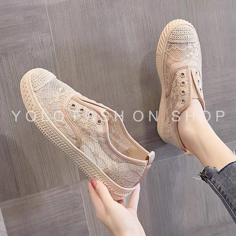Giày lười slip on nữ dáng thể thao basic phối ren vintage siêu mềm êm chân  hàng cao cấp chuẩn đẹp-GL26