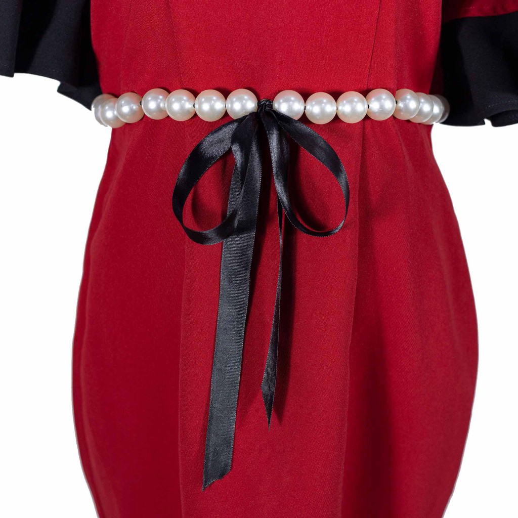 Đầm Cascade Sleeve Pearl Belt mixed Black Red Dress HAVIAS