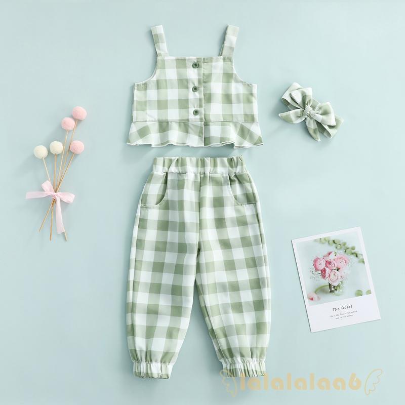 Set Đồ 3 Món Gồm Áo Cổ Thuyền Kẻ Sọc Caro Có Diềm Xếp Nếp + Quần Dài Và Túi Đeo Cho Bé Gái Sơ Sinh