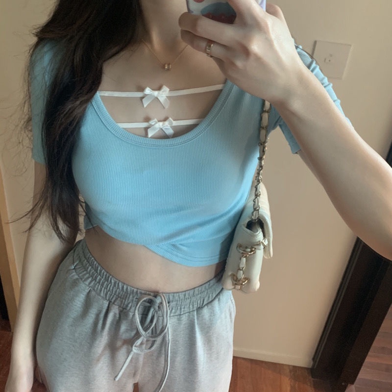 Áo Tay Ngắn Màu Sắc Trơn Phối Nơ Quyến Rũ Thời Trang Mùa Hè Dành Cho Nữ