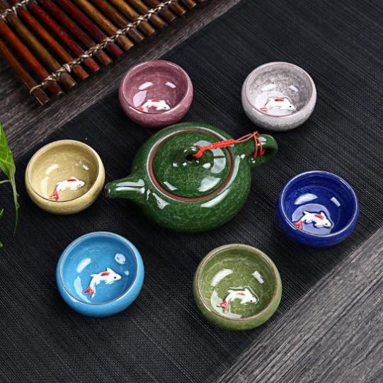 Bộ Ấm Trà Gốm Sứ Cá Chép Cao Cấp 6 Ấm - Có Chú Cá Bên Trong Ấm - Hàng Có Sẵn