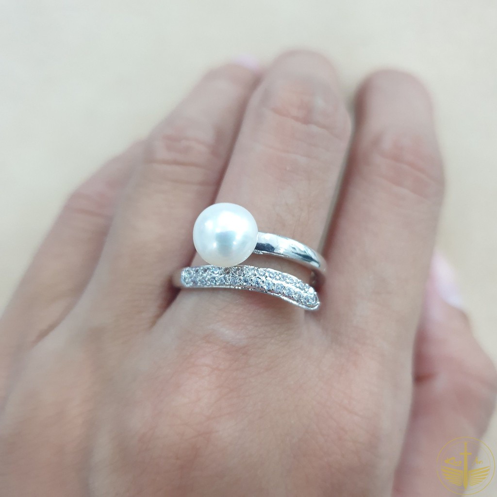 Nhẫn nữ đính ngoc trai bạc 925 freesize