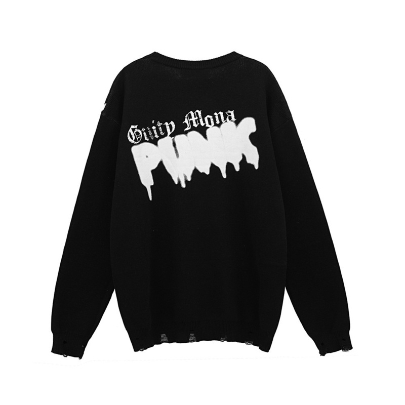 10MK Women Men Harajuku Sweaters Destroyed Ripped Trim Pullovers Tops Crowd Graffiti Letters Round Neck Oversized Jumper