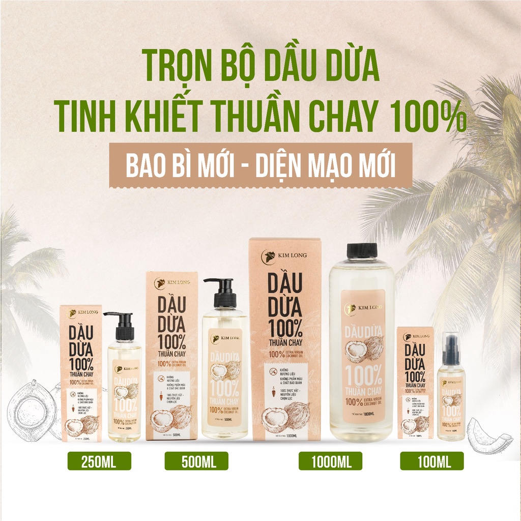 [250ml x 2] Combo 2 Chai Dầu Dừa Truyền Thống Kim Long Tinh Khiết Thuần Chay, Hỗ Trợ Dưỡng Da, Dưỡng Tóc, Dưỡng Môi