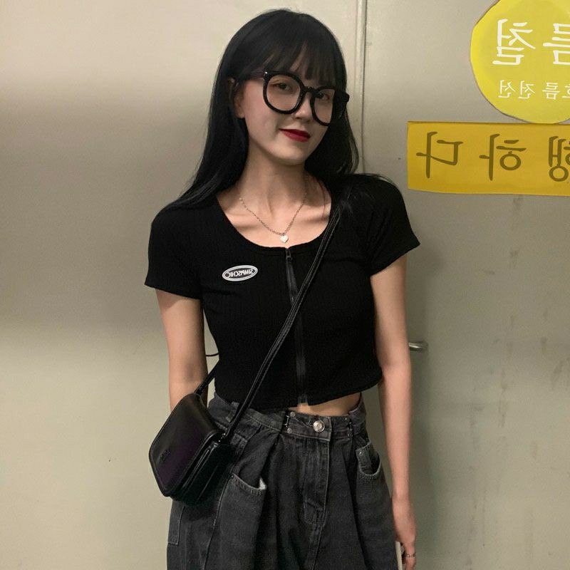 áo thun nữ croptop tay ngắn có khóa kéo dễ thương cá tính