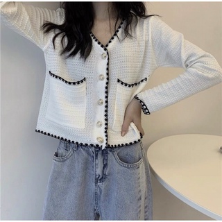 Áo cardigan len mỏng cổ tim lé viền kiểu dáng Hàn Quốc phong cách ulzzang