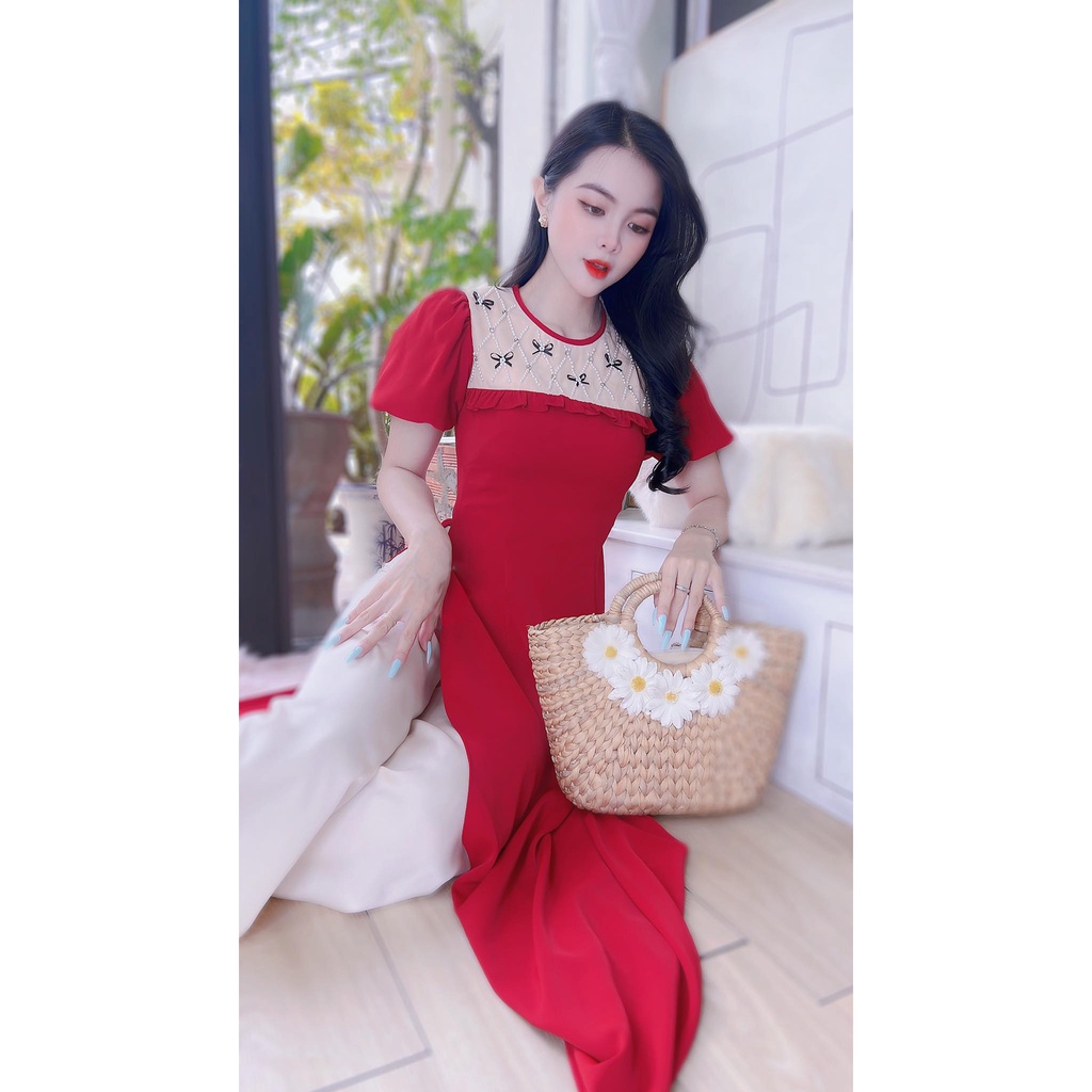 Áo dài cách tân nữ tay bồng cổ đính nơ đá ngọc CHUU AD8072 - không kèm quần