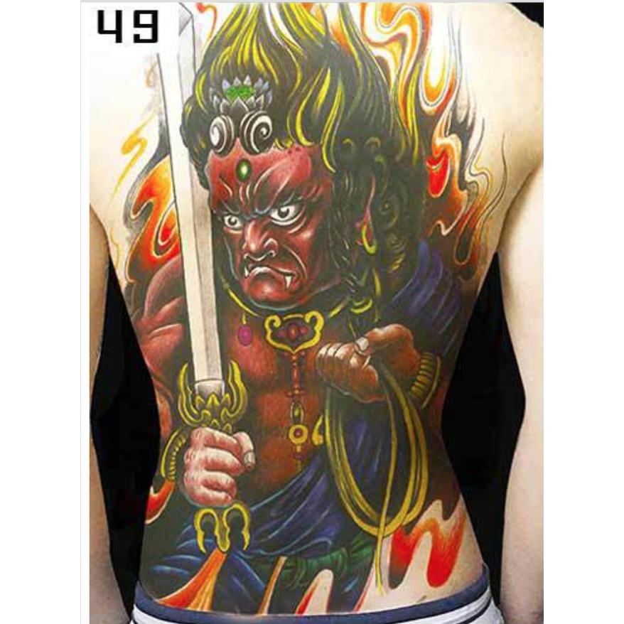 Hình xăm dán kín lưng cao cấp maù tattoo mặt quỷ cầm kiếm 34x48cm- tặng bắp tay xinh