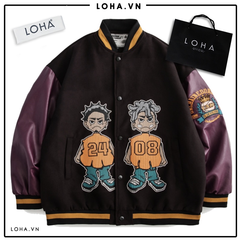 Áo khoác bomber thêu hình mix 2 màu đen tím form rộng cho nam nữ áo khoác thu đông Unisex thời trang Loha