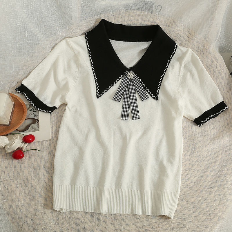 Áo thun polo ZHELIHANGFEI dệt kim tay ngắn thắt nơ đính hạt dễ thương