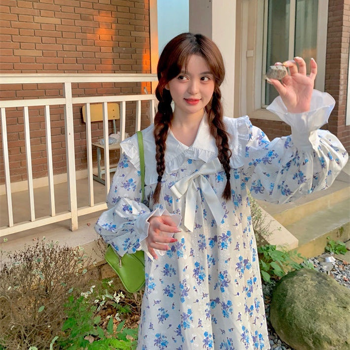 Đầm nữ tay dài phồng cổ búp bê dáng rộng phong cách Hàn Quốc ngọt ngào thời trang mùa thu mới