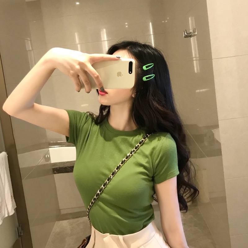 Áo Thun Tay Ngắn Dáng Ôm Thời Trang Mùa Hè Màu Xanh Lá Phong Cách Mới Cho Nữ