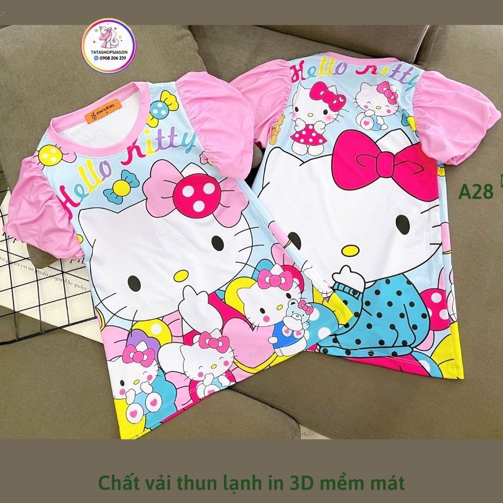 A28B Váy đầm bé gái thun lạnh in 3d mềm mát hình công chúa kitty pony size đại 22 đến 40kg