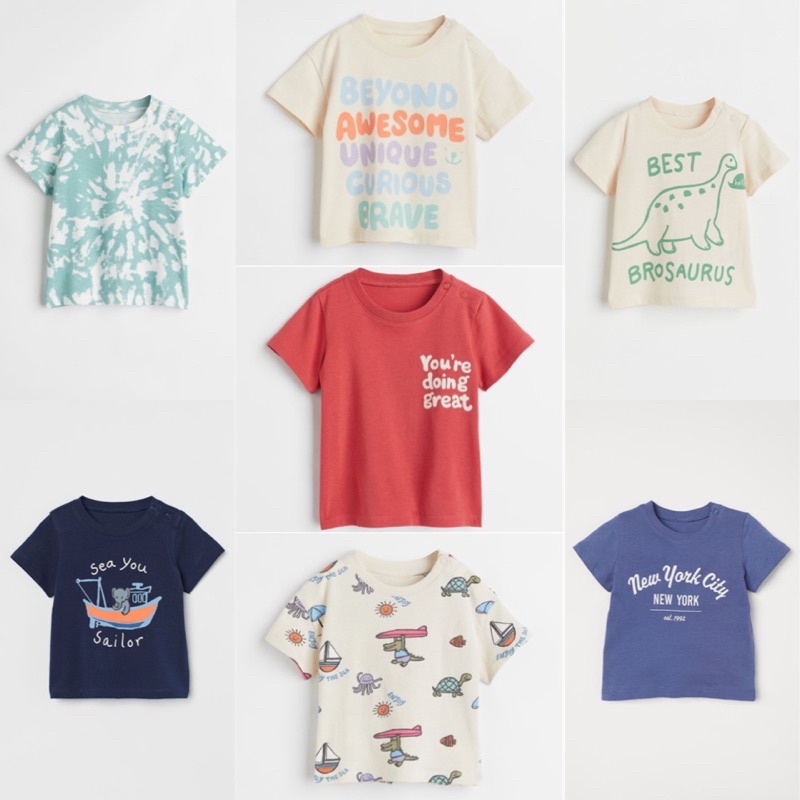 Áo phông H&M cho bé trai chất liệu cotton, 3 phân loại màu siêu yêu trắng/ xanh/ navy