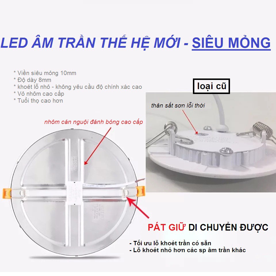 Đèn âm trần viền siêu mỏng 10mm - LED cao cấp siêu sáng - khoét lỗ đa năng dễ dàng thay thế các loại cũ