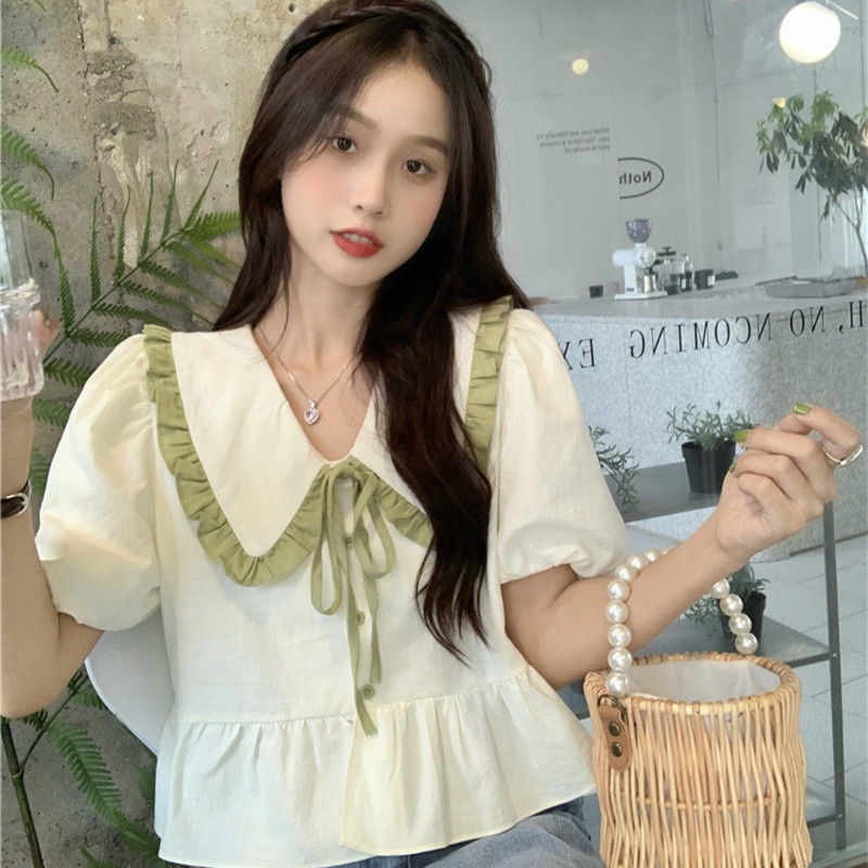 Áo Kiểu Tay Phồng Cổ Búp Bê Phong Cách Hàn Quốc Ngọt Ngào Thời Trang Mùa Hè Cho Nữ