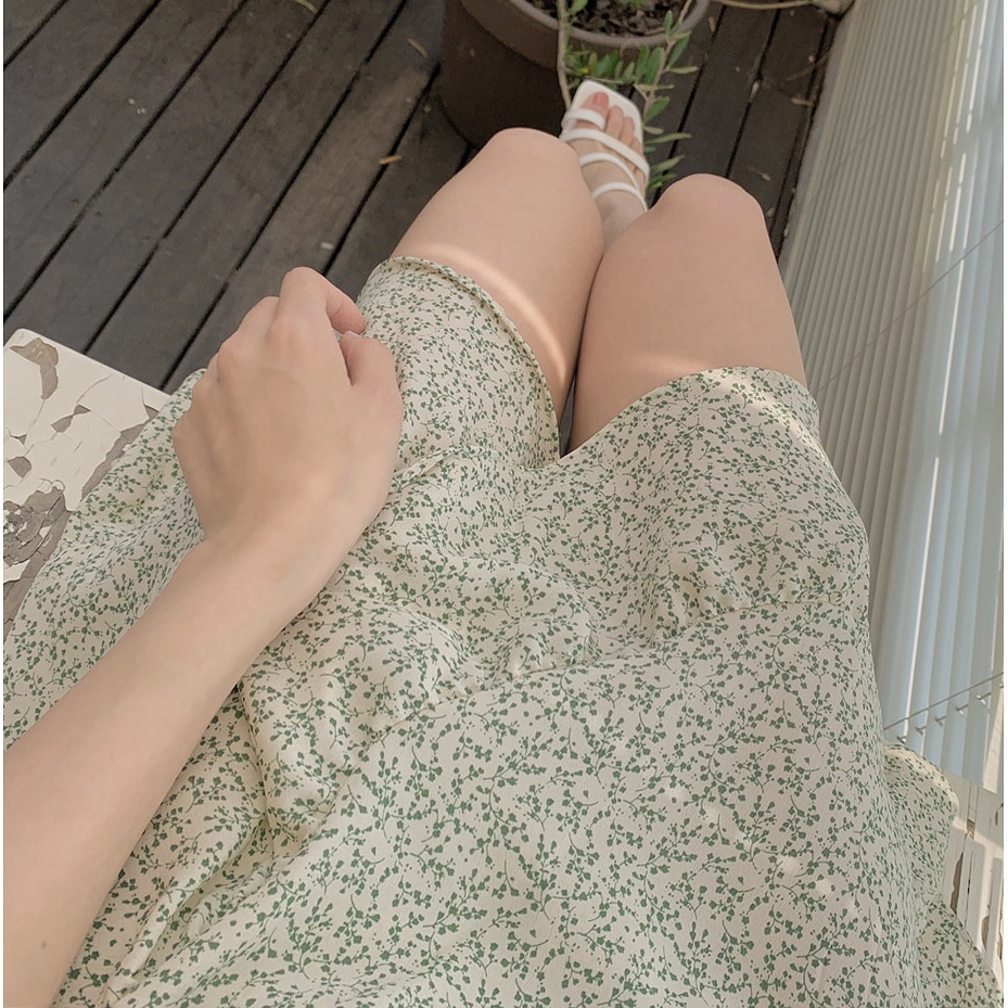 SUXI Đầm Tay Ngắn Cổ Tròn Hoạ Tiết Hoa Phong Cách Hàn Quốc