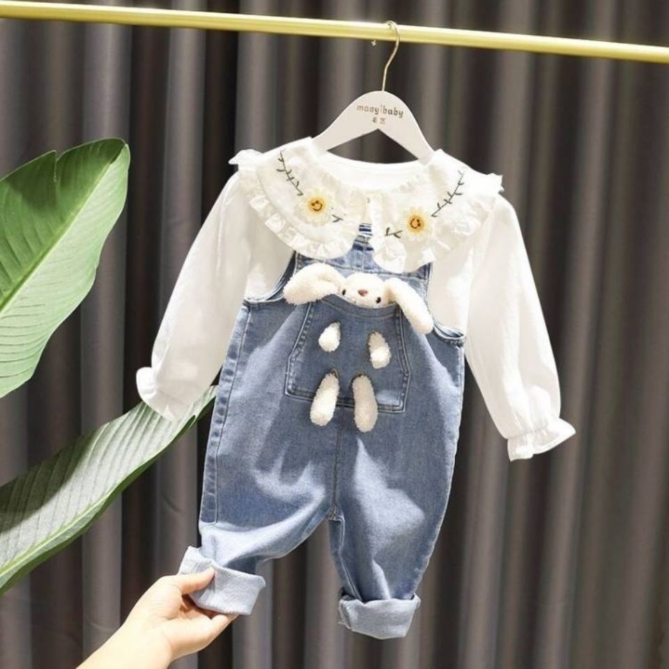 ✨Đốm✨ Bộ Áo Sơ Mi + Quần Yếm Denim Thời Trang Mùa Xuân 2022 Mới Cho Bé Gái