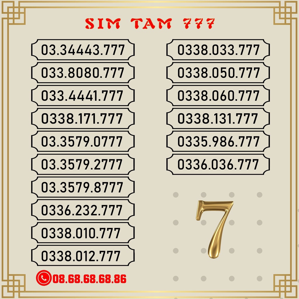 Sim Số Đẹp Tam Hoa 777, Sim Viettel Trả Trước, Giá Cực Rẻ, Hỗ Trợ Đăng Ký Chính Chủ