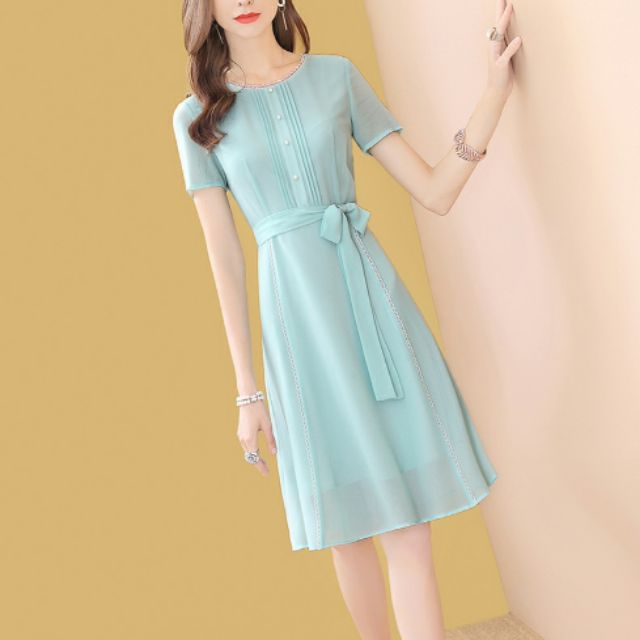 XIÊU MẪU THỜI TRANG ĐẦM XÒE CHIFFON XANH XẾP LI TRỤu : RẺ VÔ ĐỊCH