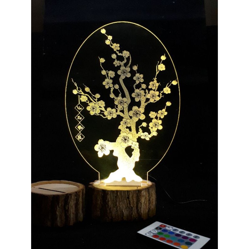 Đèn led cây Mai đế gỗ vỏ tròn.