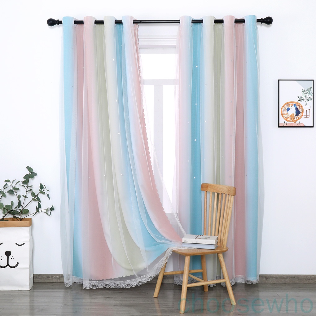 [CSW] Rèm cửa sổ 2 lớp màu gradient họa tiết ngôi sao khoét lỗ toàn diện cho phòng khách/phòng ngủ