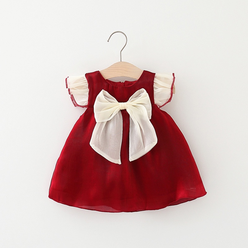 Đầm Công Chúa Vải Voan Cổ Tròn Đính Nơ Màu Đỏ Cho Bé Gái