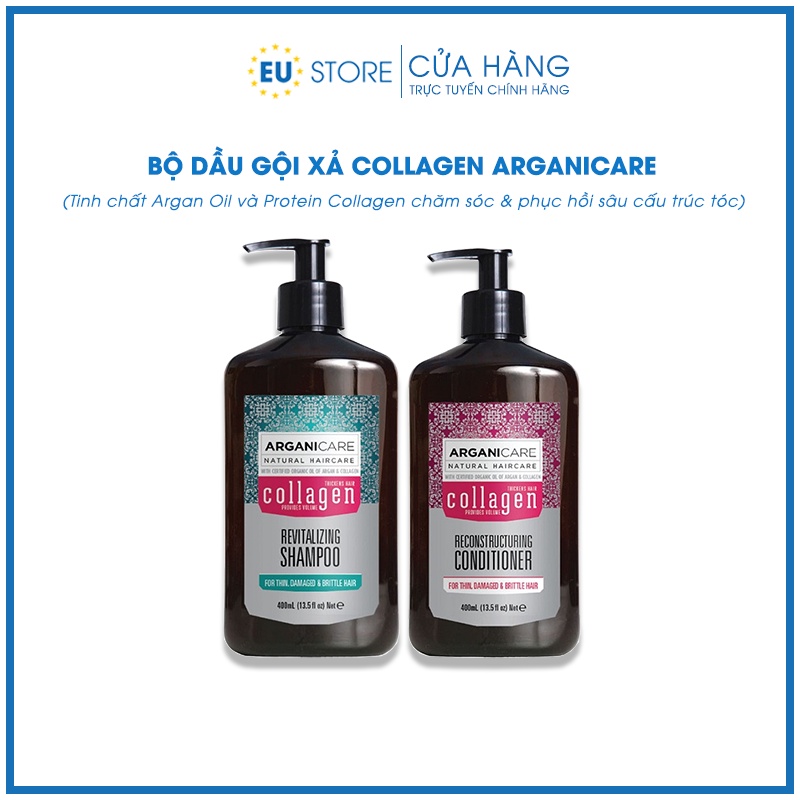 Cặp Dầu Gội Xả Arganicare Collagen Argan Oil 400ml Phục Hồi Tóc Hư Tổn Dành Cho Tóc Khô, Mỏng