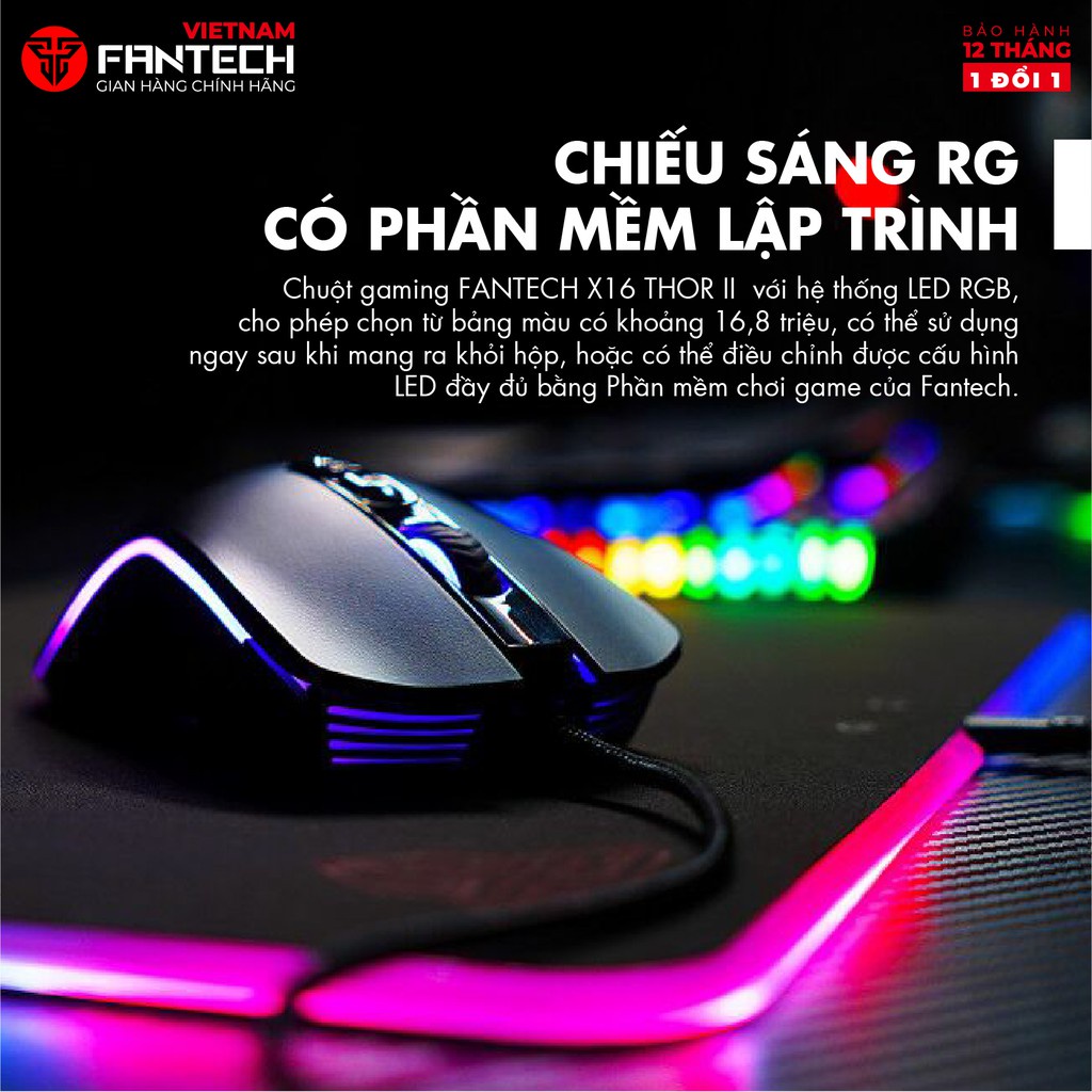 Chuột Gaming FANTECH X16 THOR II 4200DPI LED RGB 168 Triệu Màu 6 Phím Macro Phần Mềm Tùy Chỉnh Riêng -  Hàng Chính Hãng