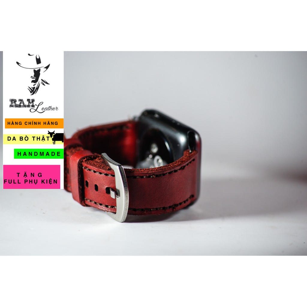 Dây đồng hồ da bò đỏ handmade bền chắc cao cấp RAM Leather classic 1982 - tặng khóa chốt và cây thay dây