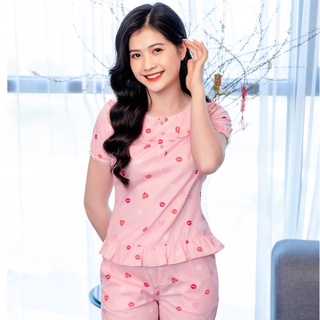 Bộ mặc nhà nữ chất thô Kate Hàn,áo ngắn tay quần lửng mùa hè dòng cao cấp thô Kate Hàn Mộc Eva TC122203