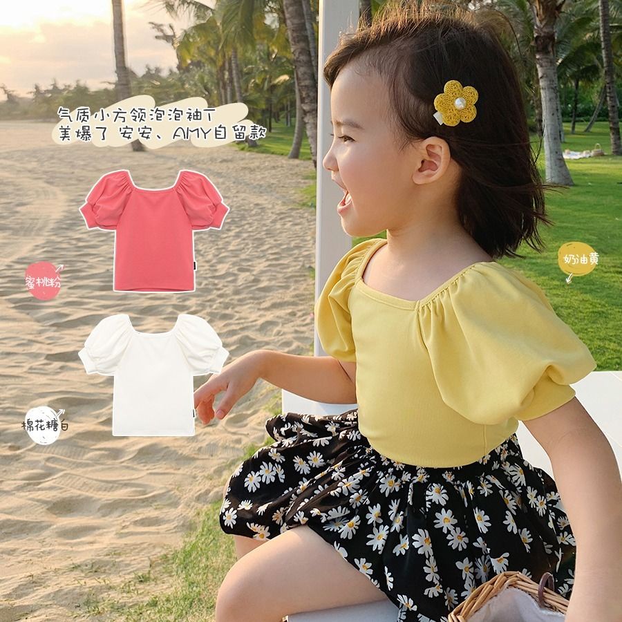 Áo Thun Cổ Vuông Tay Phồng Dáng Rộng Phong Cách Nhật Hàn Thời Trang Mùa Hè Dành Cho Bé Gái