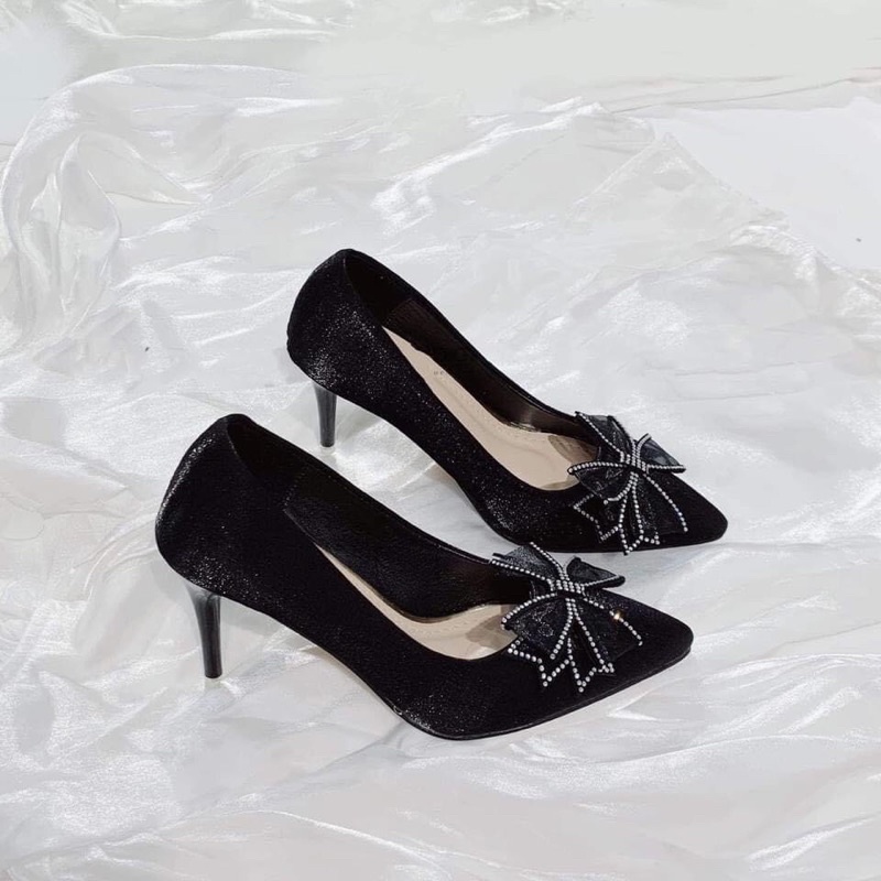 Giày Cao gót Nữ Vải Satin Nơ Đá Gót 8P Mũi Nơ Viền Đá H123 Và Sandal Gót Nhọn 7P Nơ Viền Đá H119, Guốc 5P Nơ Viền Đá M2