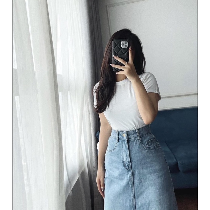 Chân váy jeans xanh xẻ trước dáng dài