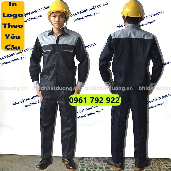 ☊▣Quần áo bảo hộ lao động nam màu đen chì phối ghi, túi hộp nhún thun, kaki có trên cánh tay-M18