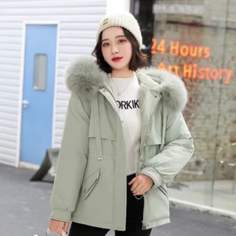 Áo khoác parka nữ phao lót lông, Áo Parka nữ lót lông túi kép 2021 dây rút eo sành điệu Ulzzang Lông mũ tháo rời