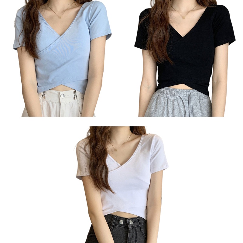 Áo Thun Lửng Ngắn Tay Cổ V Sâu Phong Cách Quyến Rũ Dành Cho Nữ