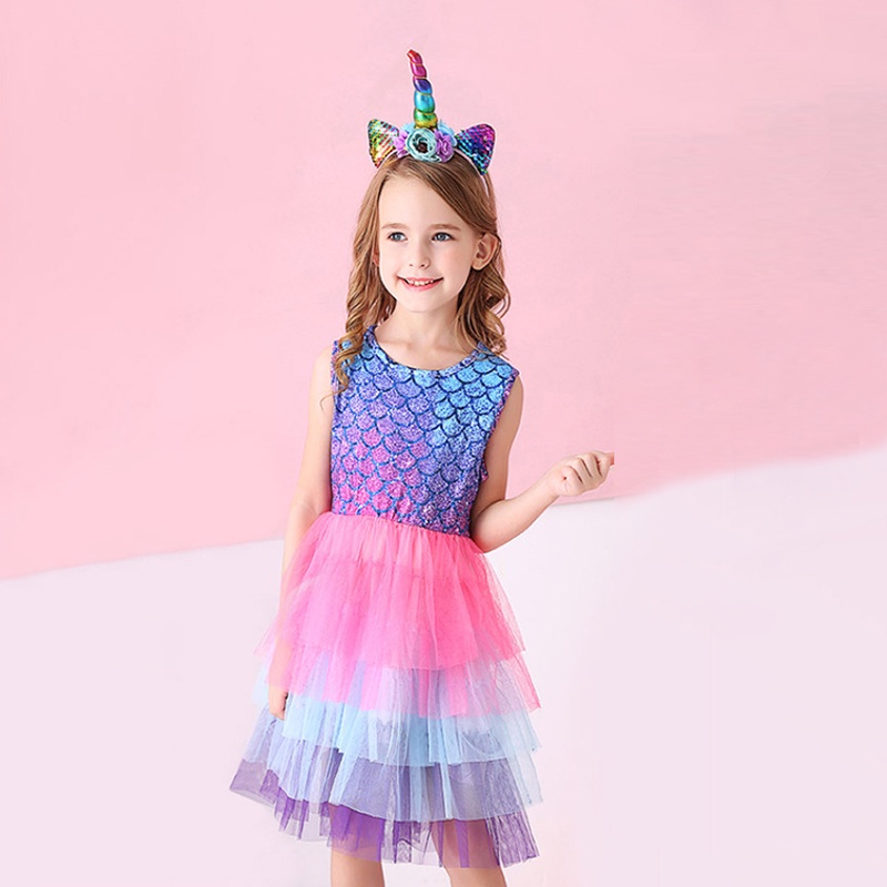 Đầm Bé Gái Từ 4-8 Tuổi Tay Ngắn In Hình Nàng Tiên Cá Nhiều Màu Dễ Thương