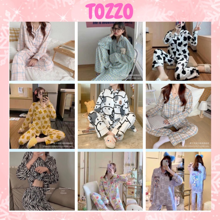 Đồ bộ pijama nữ dài tay TOZZO chất liệu thun họa tiết bò sữa dễ thương form bigsize 45-62Kg PZDD01