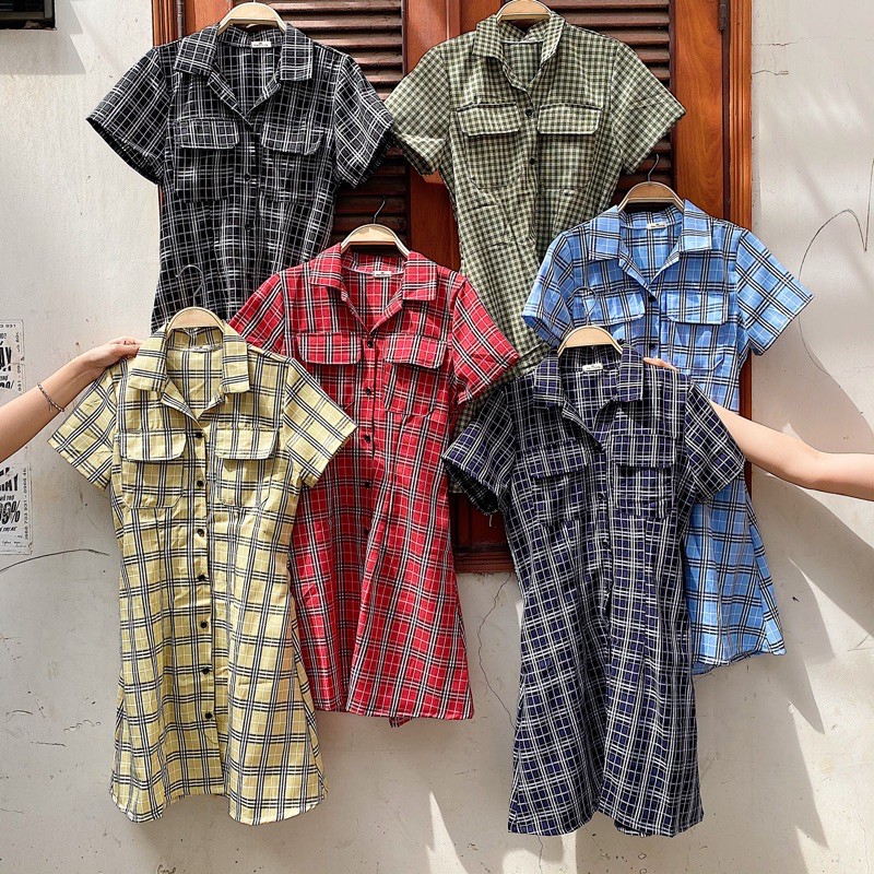 Đầm xinh sammy dress caro kiểu chất kate xịn chạy bo chun lưng cổ sơ mi đủ màu có túi trước ngực