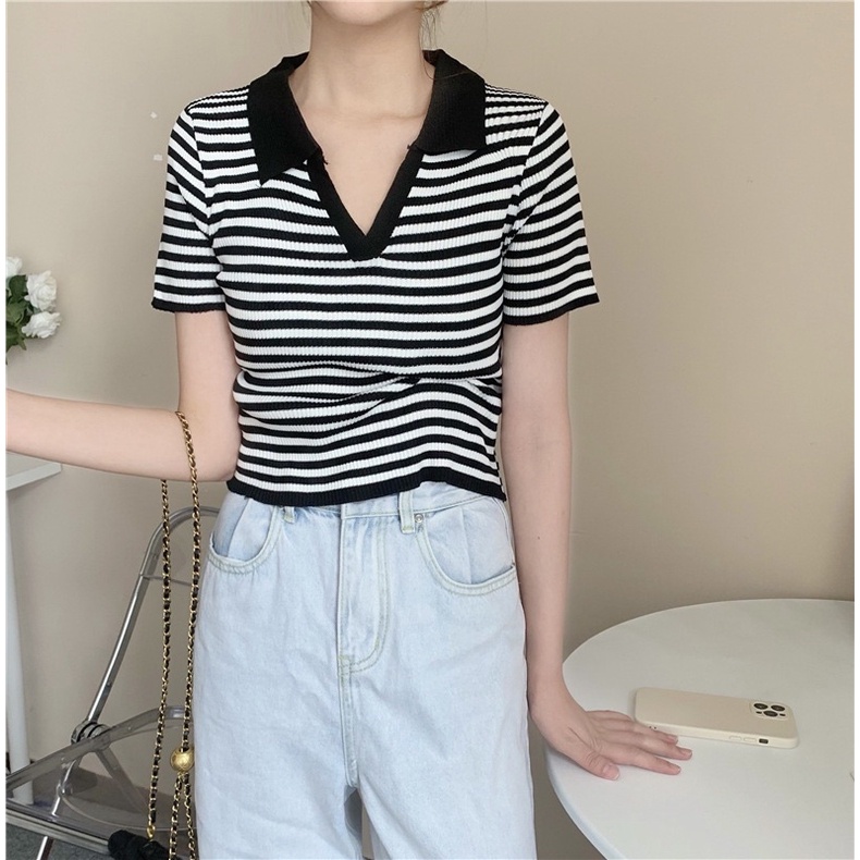 Áo len polo cổ bẻ V kẻ ngang | BigBuy360 - bigbuy360.vn