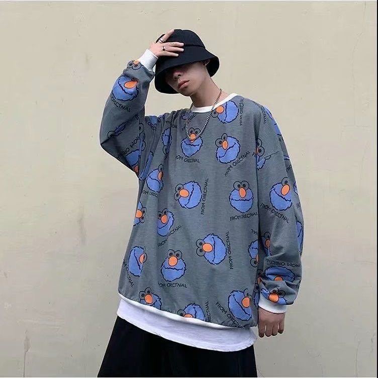 Áo Hoodie Nam Large Size Long-sleeved Sweater Boys Korean Loose Round Neck Thin Hip-hop Cartoon Print Tops | BigBuy360 - bigbuy360.vn